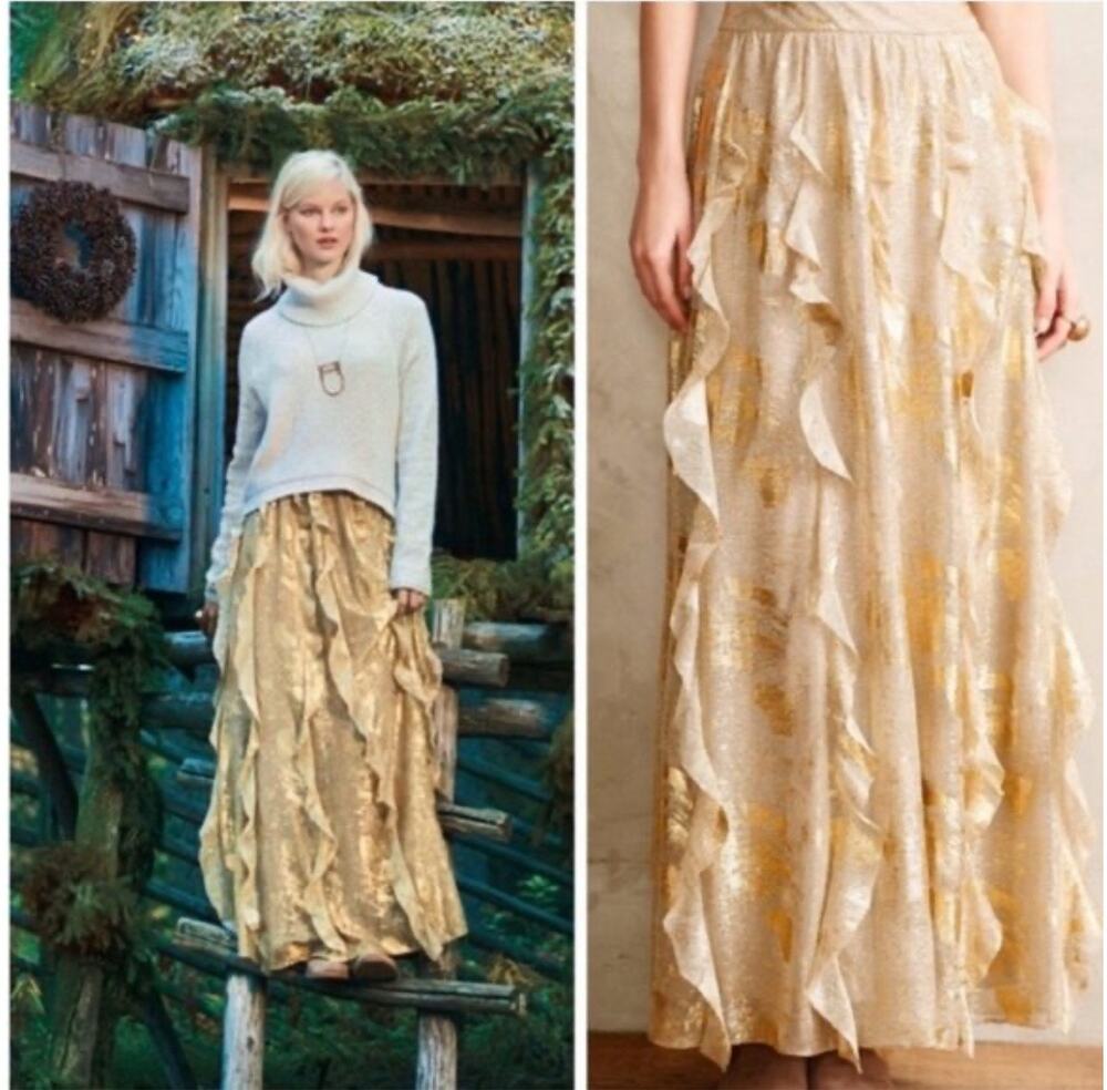 Anthropologie Moulinette Soeurs Fallen Star Gold Ruffle Maxi Skirt Size 2 Boho